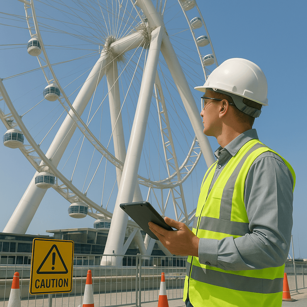 Worker inspecting an amusement wheel